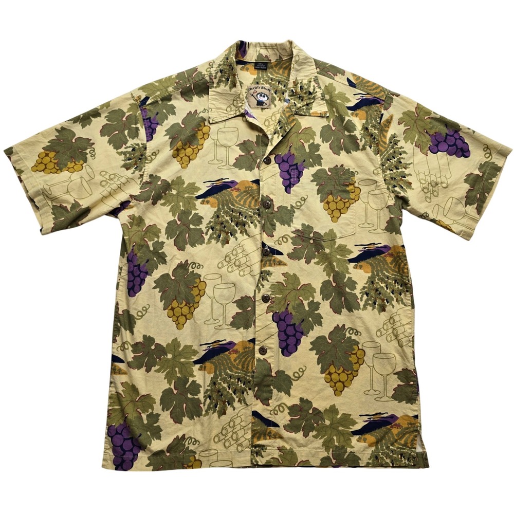 Chris's Stuff Hawaiian Shirt Vineyard Grapes Wine Print Tan Men L